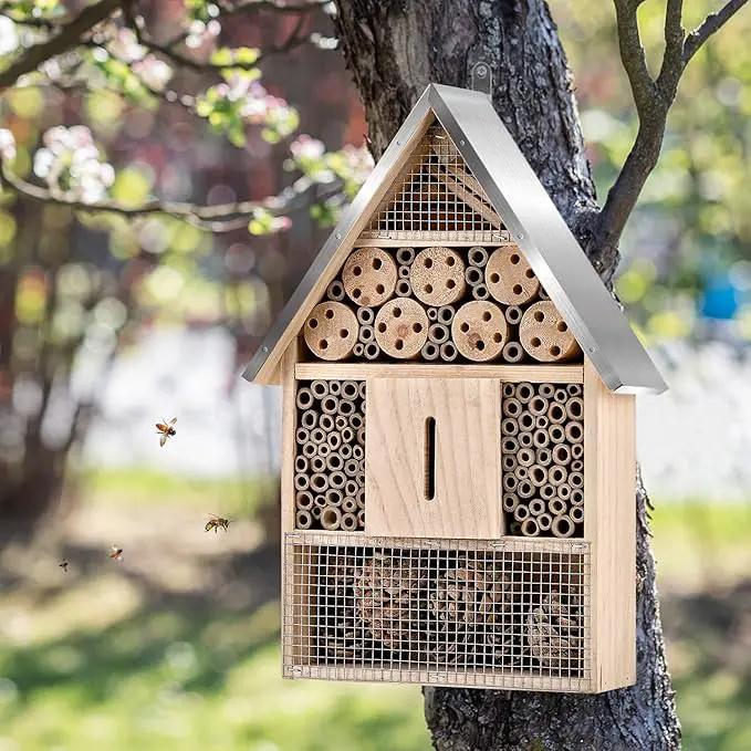 Wooden Mason Insect Bee Butterfly House,Insect Hotel,an Outdoor Hanging Bamboo Habitat for Bee Butterfly Ladybugs Live,Bee Box,Butterfly Habitat for Garden,9 x 15.7 x 2.5 Inch by GreenHaven Gardens