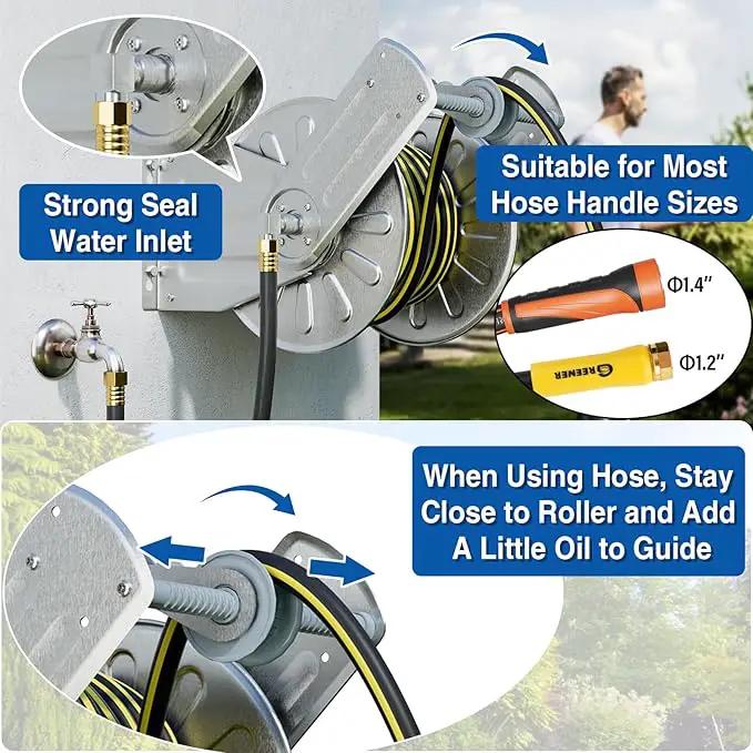 GREENER Stainless Steel Hose Reel for Outside,Wall Mount Garden Hose Holder Heavy Duty Metal Reel, 3/4" Solid Connector with 5/8" Inlet Hose and Crank,100-Feet 5/8" Hose Capacity by GreenHaven Gardens
