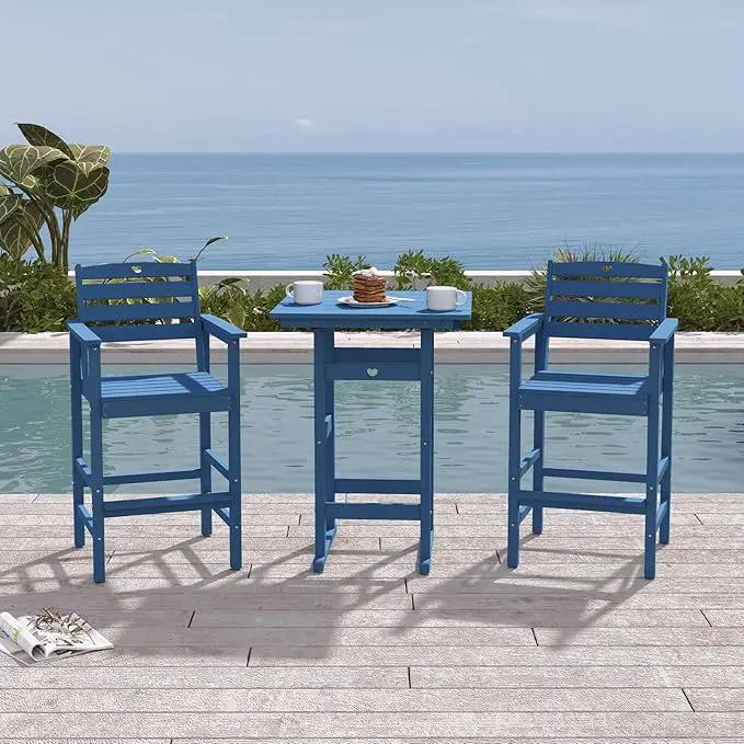 3-Piece Bar Height Patio Table and Chairs Set, HDPE Wood Grain Outdoor Bar Table and Chairs with Heart Cutout Design, Weather-Resistant Bar Height Furniture for Deck, Porch, Pool (Navy Blue) by GreenHaven Gardens