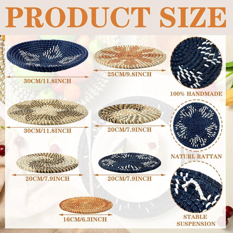 Xuhal Set of 8 Hanging Woven Wall Basket Handmade Decorative Rustic Boho Basket Decor Handcrafted Wicker Round Seagrass Wall Art for Home Kitchen Farmhouse Table Living Room by GreenHaven Gardens