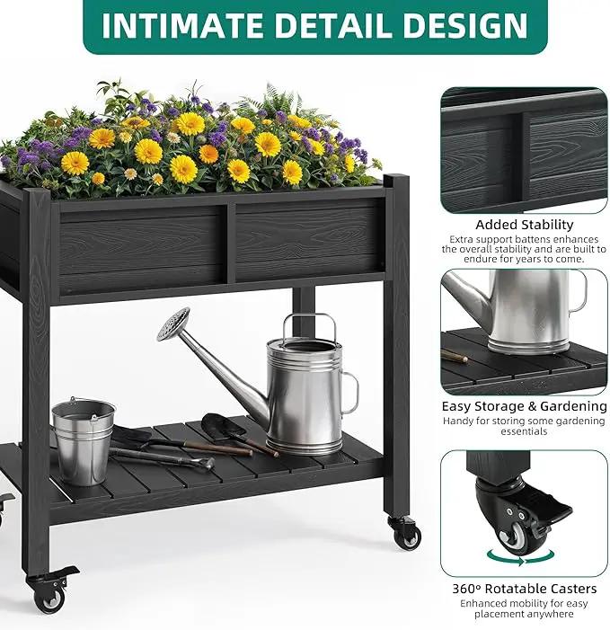 YITAHOME Raised Garden Bed, HIPS Poly Wood Elevated Planter Box with Shelf & Wheels for Mobility, Small Flower Box Stand for Patio Balcony Garden Backyard, Black by GreenHaven Gardens