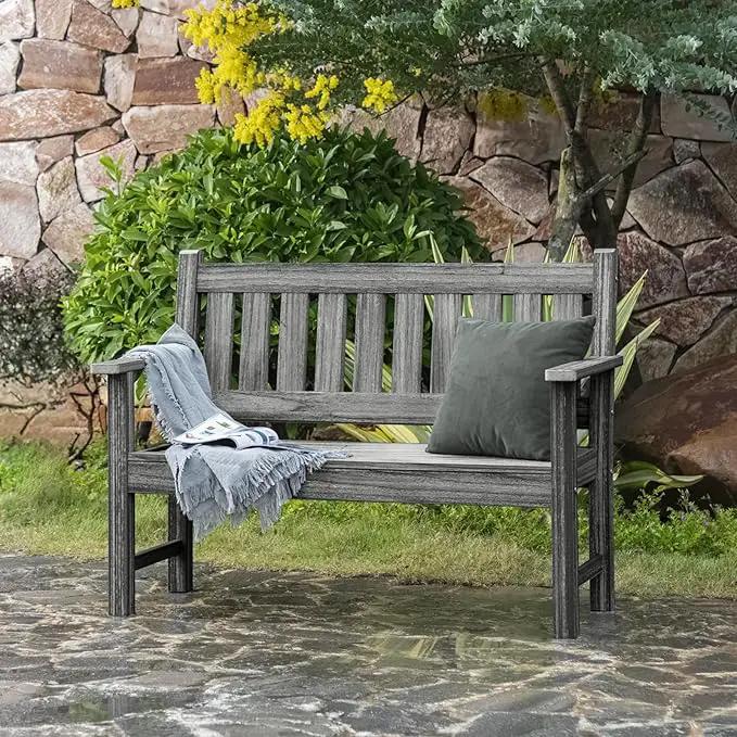 Outdoor Bench, 2-Person Garden Bench, Poly Lumber Patio Bench for Outdoors, Porch, and Park (Light Grey) by GreenHaven Gardens