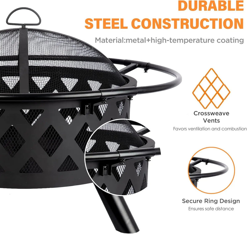 Red Mountain Valley 30'' Outdoor Wood Burning Fire Pit, 2-in-1 Large Round Fire Pit for Outside, Outdoor Fireplaces with Spark Screen, Fire Poker, Cover, Ideal for Patio, Backyard, Camping, Picnic by GreenHaven Gardens