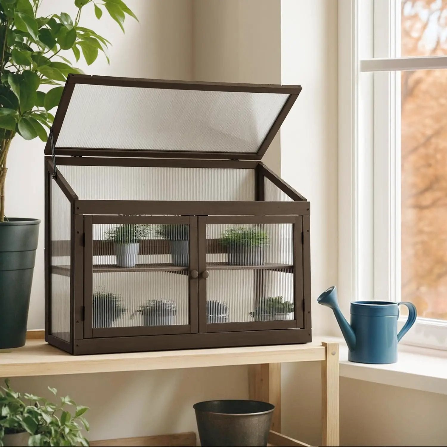 MCombo 2-Tier Wooden Cold Frame Garden Greenhouse Raised Flower Planter Shelf Bed Protection 6057-0160 (Brown) by GreenHaven Gardens