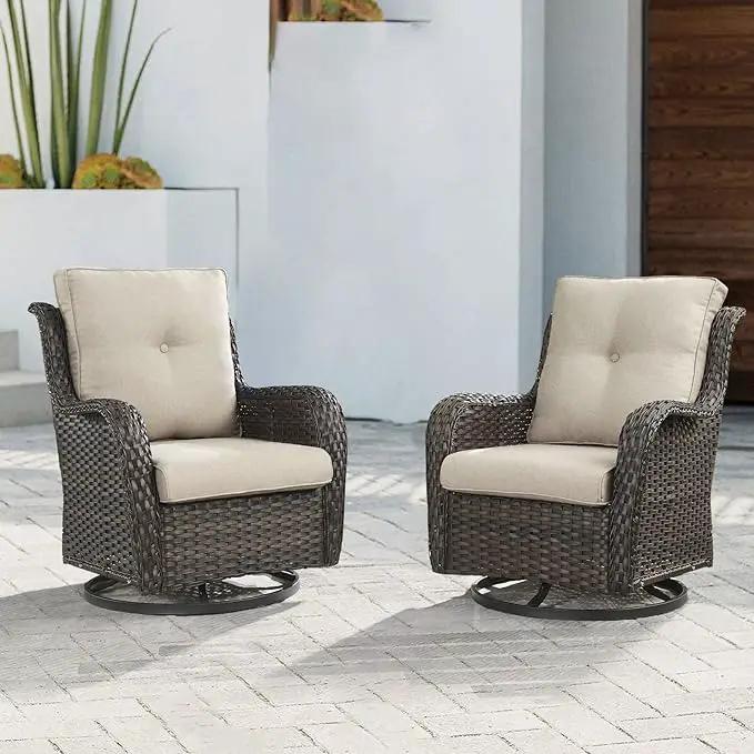 Outdoor Patio Swivel Rocker Chairs - Wicker Rattan Patio Swivel Rocking Chairs Set of 2 with High Back,Deep Seating and Comfort Cushions for Deck Porch Garden,Brown/Beige by GreenHaven Gardens