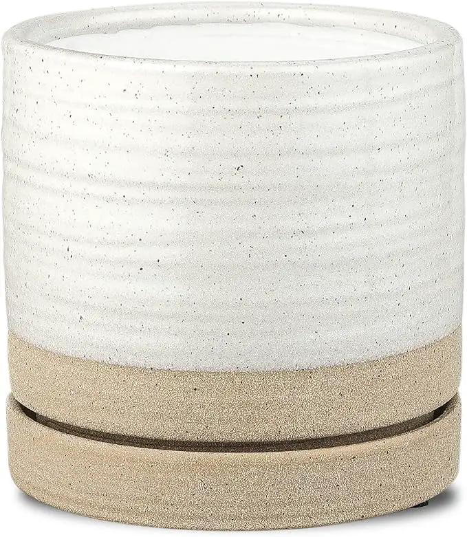 6 Inch Plant Pots, Ceramic Planter Pot with Drainage Hole & Saucer, Indoor/Outdoor Cylinder Round Planter Pot, White & Beige Glaze by GreenHaven Gardens
