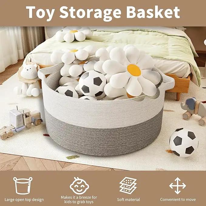 125L Extra Large Blanket Basket, 25" x 16", Jumbo Laundry Woven Baskets Decorative Home, Cotton Rope Basket with Handles, Baby Toy Baskets for Storage, White & Gray by GreenHaven Gardens