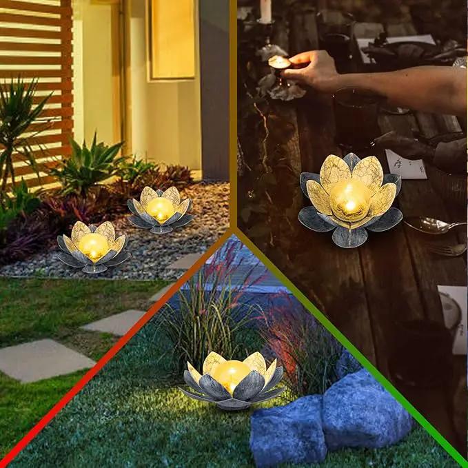 Garden Solar Light Outdoor(2Pack), Amber Crackle Globe Glass Lotus Decoration, Waterproof Gary Metal LED Flower Lights for Patio,Lawn,Walkway,Tabletop, Garden Gifts for Women by GreenHaven Gardens