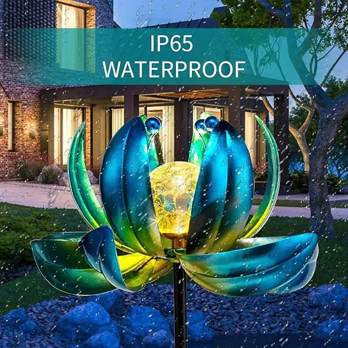Huaxu Solar Outdoor Lights 35.4In Garden Decor Flower Wind Spinners,Waterproof LED Crackle Glass Globe Blue Lotus Art Metal Stake for Lawn Patio Pathway Yard Porch Driveway Decorations Gift by GreenHaven Gardens
