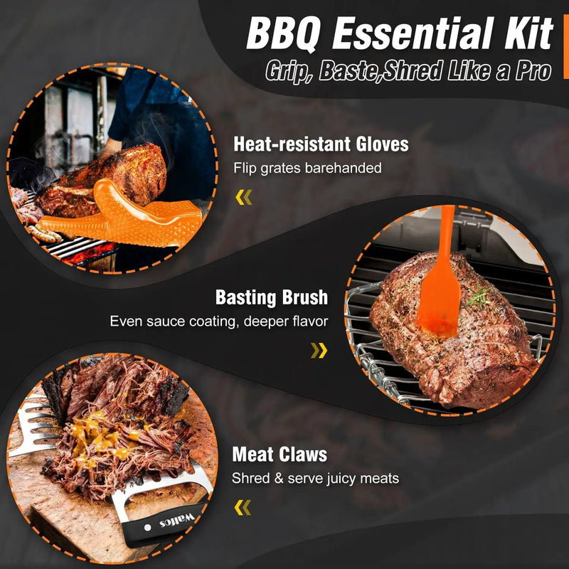 Walfos Silicone BBQ Gloves - Heat Resistant Grilling Gloves Set with Pork Shredder Claws & Brush, Non-Slip Kitchen Silicone Oven Mitt with Protective Cotton Layer, Suit for Indoor & Outdoor, Orange by GreenHaven Gardens