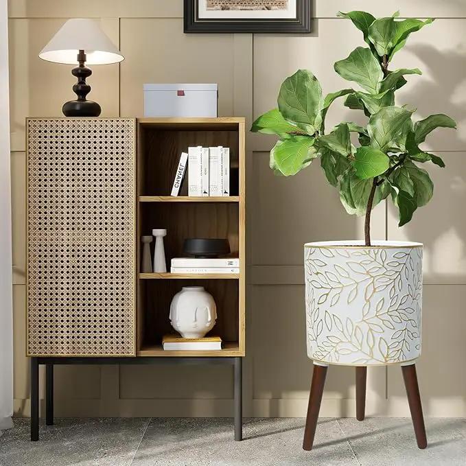 12inch Plant Pots with Wood Planter Holder Indoor Flower Pot with Gold Floral Embossed Modern Planters with Drainage Holes for Living Room, Office, Garden or Balcony by GreenHaven Gardens
