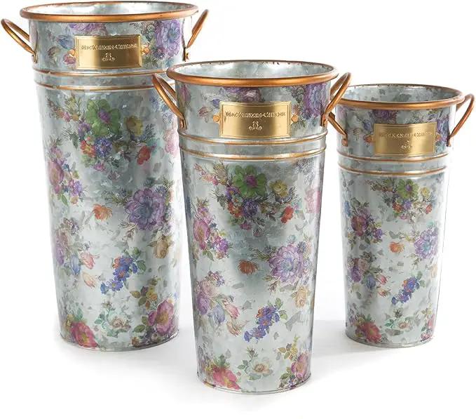 MACKENZIE-CHILDS Galvanized Flower Buckets, Decorative Metal Buckets, Flower Market, Set of 3 by GreenHaven Gardens