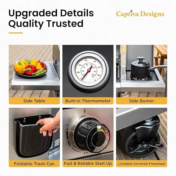 Captiva Designs 6-Burner Propane Gas BBQ Grill with Side Burner & Porcelain-Enameled Cast Iron Grate and Plate for Outdoor Barbucue Events, 52,000 BTU Output,740 SQ.IN. Cooking Area，Heavy Duty by GreenHaven Gardens