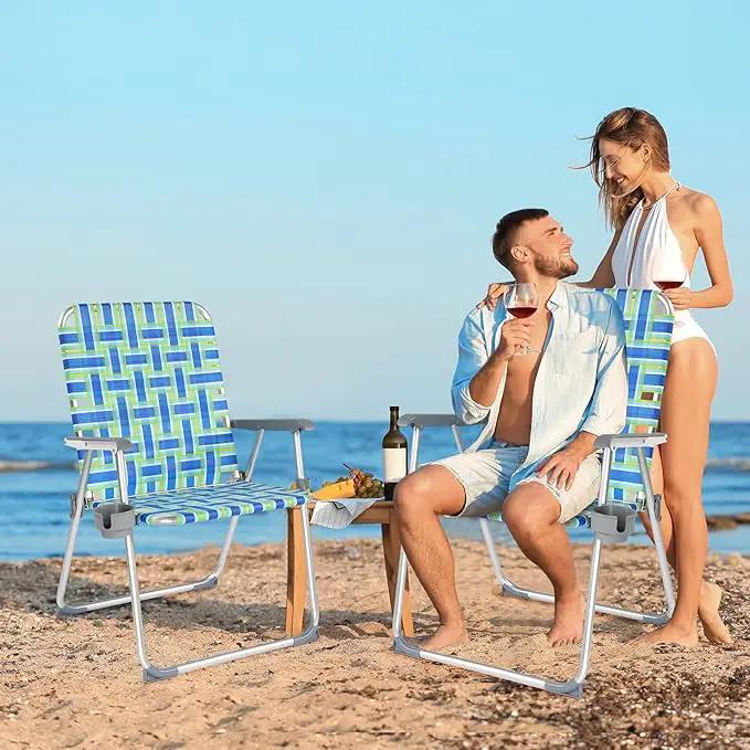 VINGLI Folding Aluminum Webbed Oversized Lawn Chairs with Detachable Cup Holder, 300LBS High Beach Chair for Adults Heavy Duty, Portable Patio Chair for Yard, Garden, 2 Pack,Blue/Green by GreenHaven Gardens