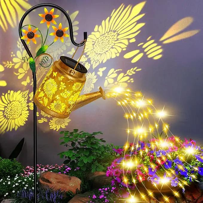 Solar Watering Can Lights Outdoor Garden Decor, Large Sunflower Hanging Lantern with Shepherd Hook, Yellow LED, Gold Finish, Floral Theme, Outdoor Decoration, Parties, Occasions by GreenHaven Gardens