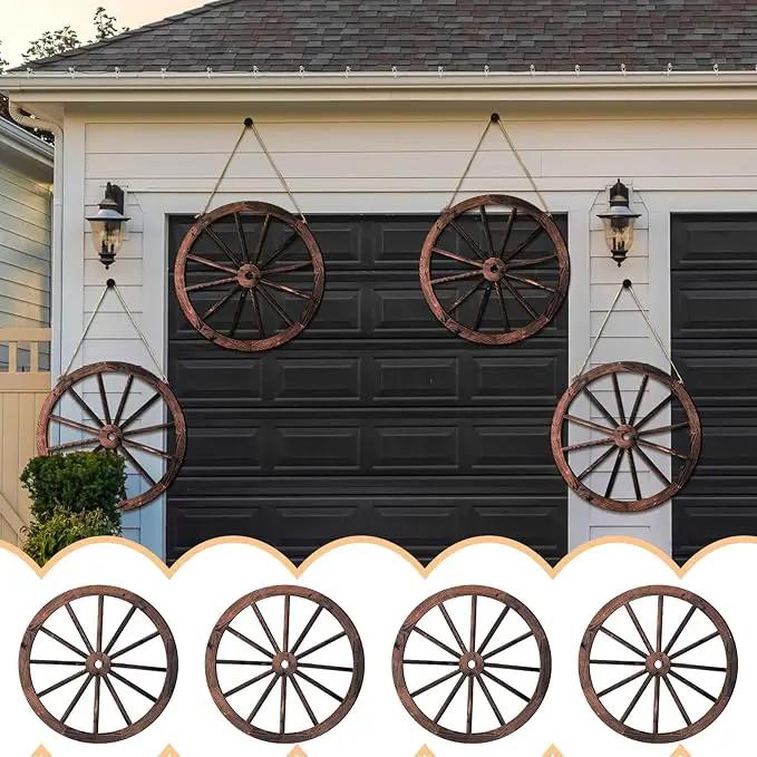 Qunclay 4 Pcs Wooden Wagon Wheel Wall Decor Old Western Wood Boho Wall Art Farmhouse Boho Wagon Wheels Rustic Yard Decor Wood Hanging Decorations for Garden Home Bar Garage (17.7 Inch) by GreenHaven Gardens