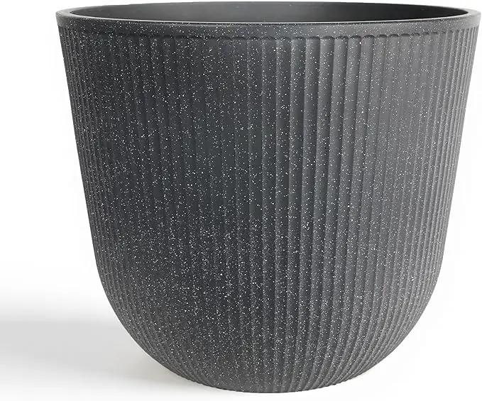WORTH Garden Round Large Planter Pot 1-Pack - 17.5" Dia x 15.5" H - Durable Plastic Grey Plant Tree Pots with Vertical Stripe Textured Finish, Drainage Hole for Indoor, Outdoor, Front Porch, Patio by GreenHaven Gardens