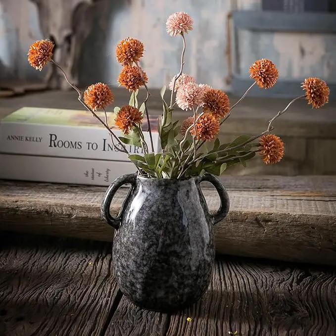 Black Ceramic Vase with 2 Handles, Modern Farmhouse Decor, Rustic Terracotta Pottery, Decorative Flower Vases, Clay Small Vase, Centerpiece for Dining Table - 7 Inch Tall by GreenHaven Gardens