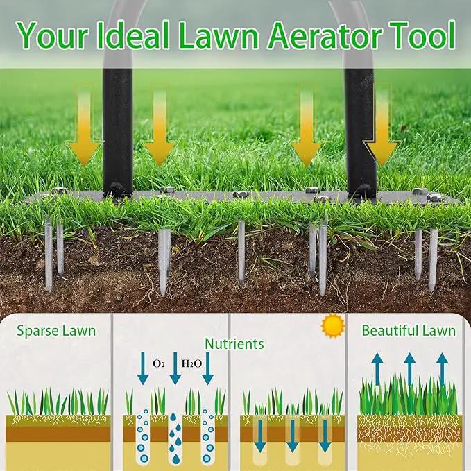9-Spike Lawn Aerator Tool, Spike Metal Manual Dethatching Soil Aerating Lawn with, Grass Aerator Garden Tools, Durable U-Shape Steel Structure, Super Easy Installation, 39.4'' by GreenHaven Gardens