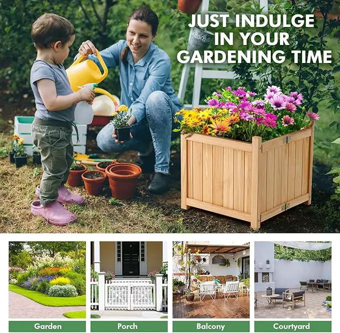 S AFSTAR Outdoor Wooden Planter Box, Folding Raised Garden Bed W/Drainage Hole, Patio Square Plant Container for Flowers, Vegetables, Fruits, Herbs, Collapsible Planting Box for Yard, 15" x 15" x 14" by GreenHaven Gardens