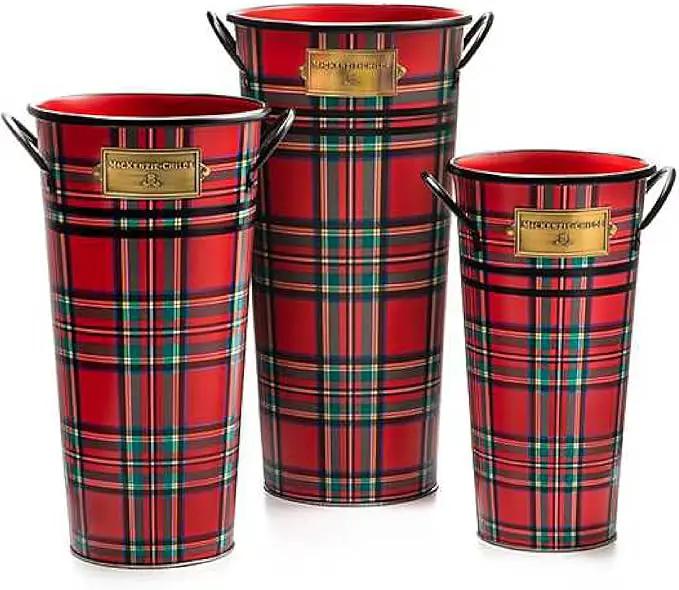 MACKENZIE-CHILDS Galvanized Flower Buckets, Decorative Metal Buckets, Tartastic, Set of 3 by GreenHaven Gardens