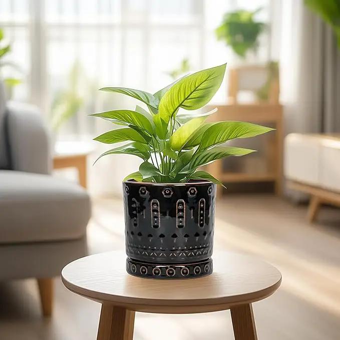 Ceramic Plant Pots - 6 Inch Ceramic Planter for Indoor Outdoor, Round Flower Pots with Drainage Hole and Plant Saucer, Boho Decorative Small Planter, House Decor, Gifts for Gardeners, Black by GreenHaven Gardens
