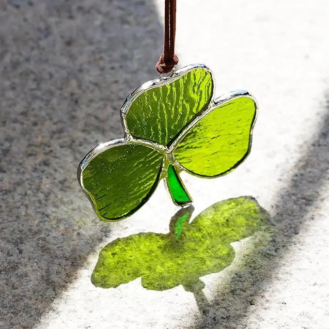 Handmade Stained Glass Shamrock Sun Catcher Window Hanging Irish Suncatcher St. Patrick's Day Decor for Home Green Clover Flower Stained Glass Window Panels for Window 3inch by GreenHaven Gardens