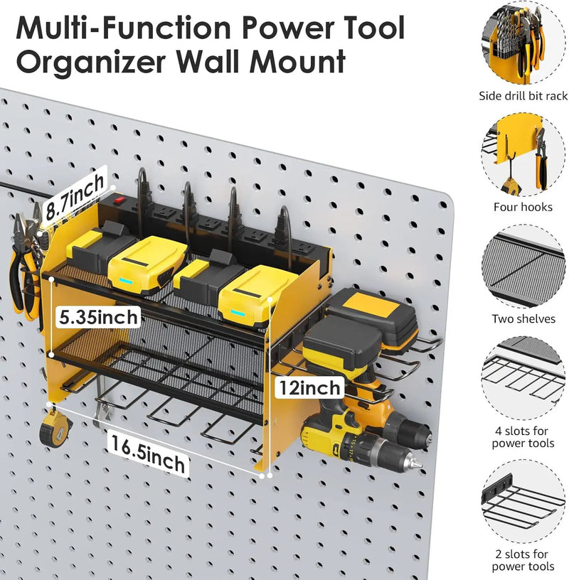 CCCEI Modular Power Tool Organizer Wall Mount Charging Station, Yellow 6 Drills Holder with 8 Plug Power Strip, Garage Drill Battery Heavy Duty Metal Shelf, Utility Rack with Hooks, Side Storage. by GreenHaven Gardens