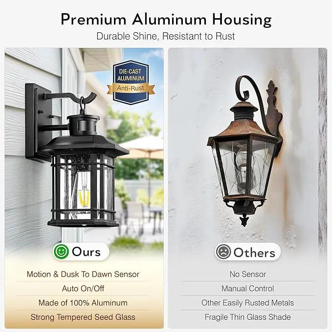Outdoor Light Fixture With Motion Sensor, Dusk To Dawn Modern Exterior Porch Lights Wall Mount, Anti-rust 100% Aluminum Outdoor Wall Lantern, Black Farmhouse outdoor wall light For Garage Backyard by GreenHaven Gardens
