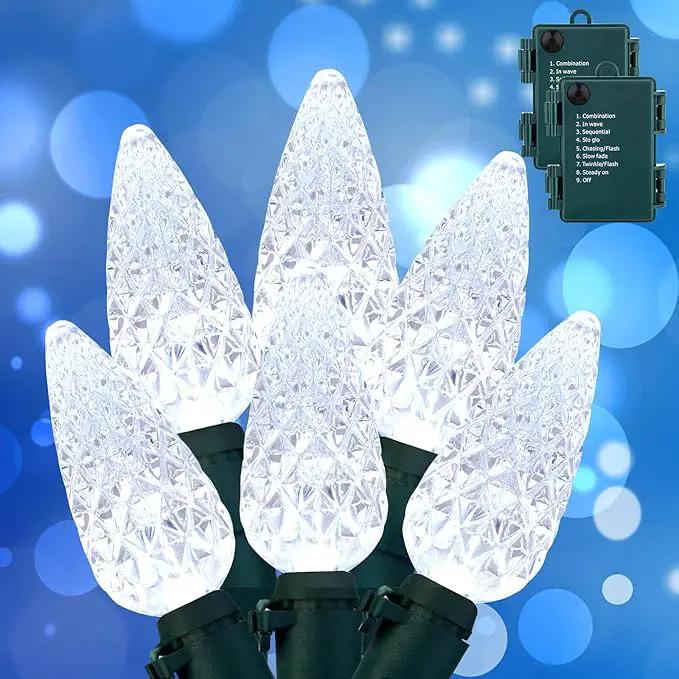 C6 LED Christmas String Lights, 20 ft 60 LED Battery Operated Faceted Strawberry Lights, Waterproof for House Roof Roofline Christmas Tree, White, 2 Pack by GreenHaven Gardens