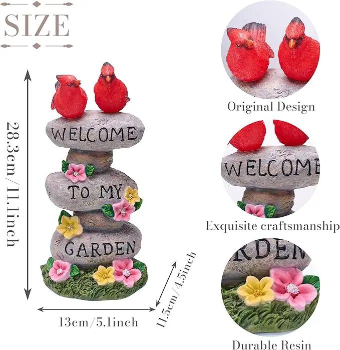 TERESA'S COLLECTIONS Garden Statues with Outdoor Solar Lights for Garden Decor, Cardinal Birds Welcome Yard Sign Rocks & Flower Resin Valentines Decorations, Gifts for Mom Yard Decor, 11" by GreenHaven Gardens