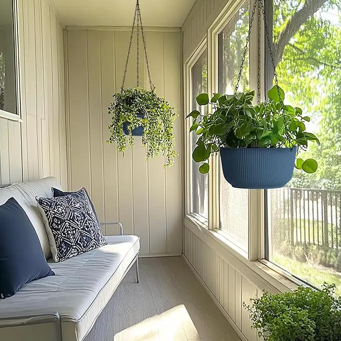 T4U 12 Inch Large Hanging Planters for Outdoor Plants, 2 Pack Self Watering Hanging Pots Indoor, Hanging Baskets for Plants,Hanging Flower Pot with Drainage Hole and Plant Hanger, Blue by GreenHaven Gardens