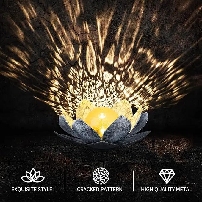 Garden Solar Light Outdoor(2Pack), Amber Crackle Globe Glass Lotus Decoration, Waterproof Gary Metal LED Flower Lights for Patio,Lawn,Walkway,Tabletop, Garden Gifts for Women by GreenHaven Gardens