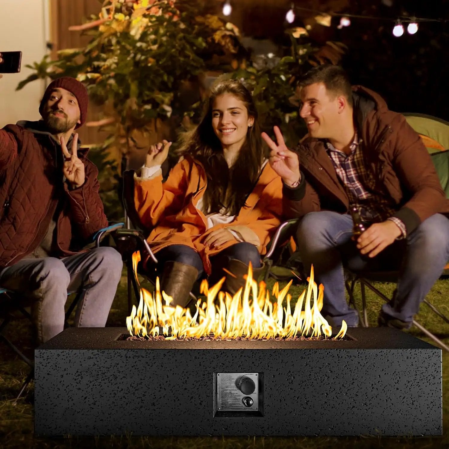 COSIEST 56-inch x 28-inch Outdoor Propane Fire Pit Coffee Table w Concrete Rectangle Base, 50,000 BTU, Free Lava Rocks and RainCover, Fits 20lb Tank Outside, Gray by GreenHaven Gardens