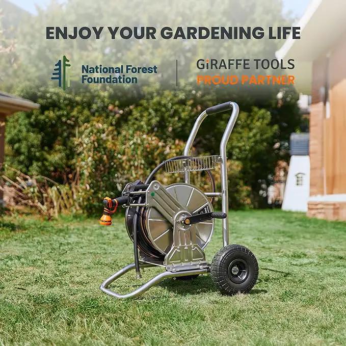 Giraffe Tools Garden Hose Reel Cart with Wheels, Stainless Steel Heavy Duty Water Hose Reel Cart, 200 ft of 1/2 Capacity, Mobile for Outside by GreenHaven Gardens