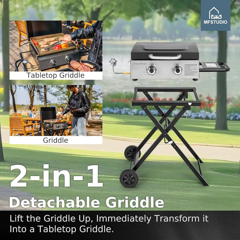 MFSTUDIO Small Portable Propane Griddle, 2 In 1 Gas BBQ Travel Grill with Foldable Stand, Compact and Light Countertop Grills with 2 Burners and Side Table, for Outdoor Cooking, Camping and Roadtrip by GreenHaven Gardens