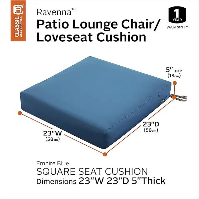 Classic Accessories Ravenna Water-Resistant 23 x 23 x 5 Inch Square Patio Seat Cushion Slip Cover & Foam, Empire Blue, Lounge Chair Cushion by GreenHaven Gardens