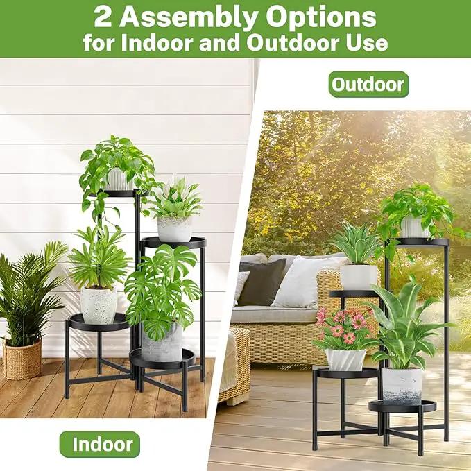iDavosic.ly 4 Tier Large Plant Stand Indoor with 10 Inch Wide Tray, Tiered Corner Metal Outdoor Flower Display Holder Shelf, Folding Tall Rack for Patio Porch Living Room, Modern Black by GreenHaven Gardens