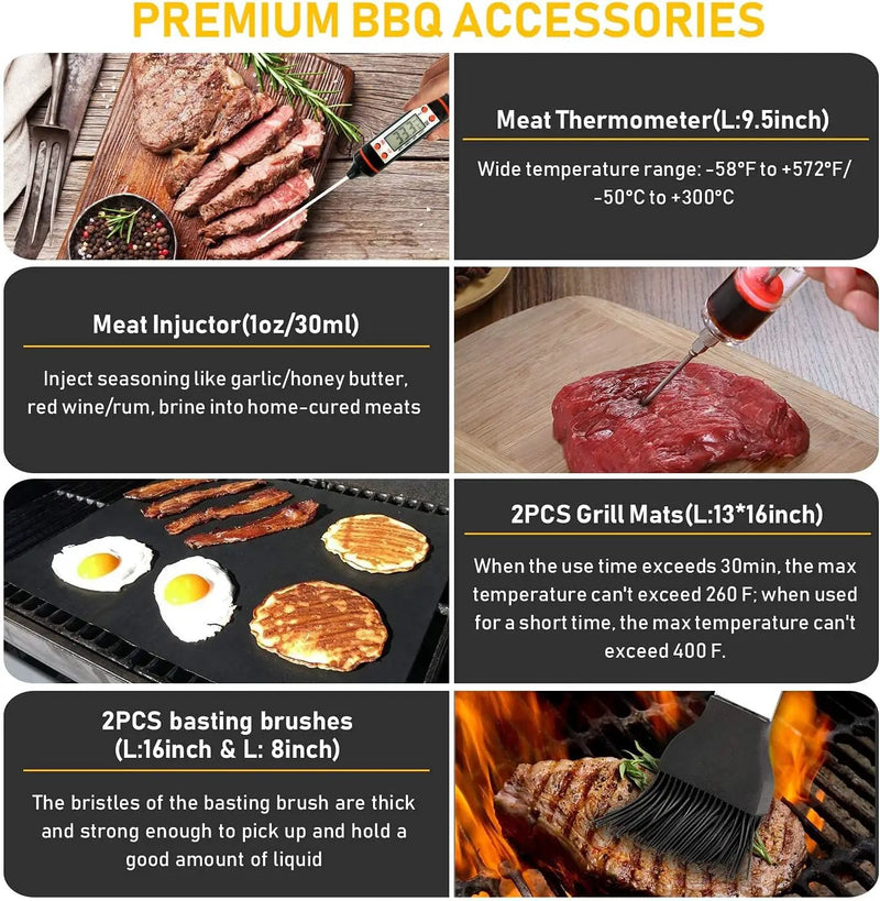 34Pcs Grill Accessories Grilling Gifts for Men, 16 Inches Heavy Duty BBQ Accessories, Stainless Steel BBQ Tools with Thermometer, Grill Mats for Backyard, BBQ Set for Men Women by GreenHaven Gardens
