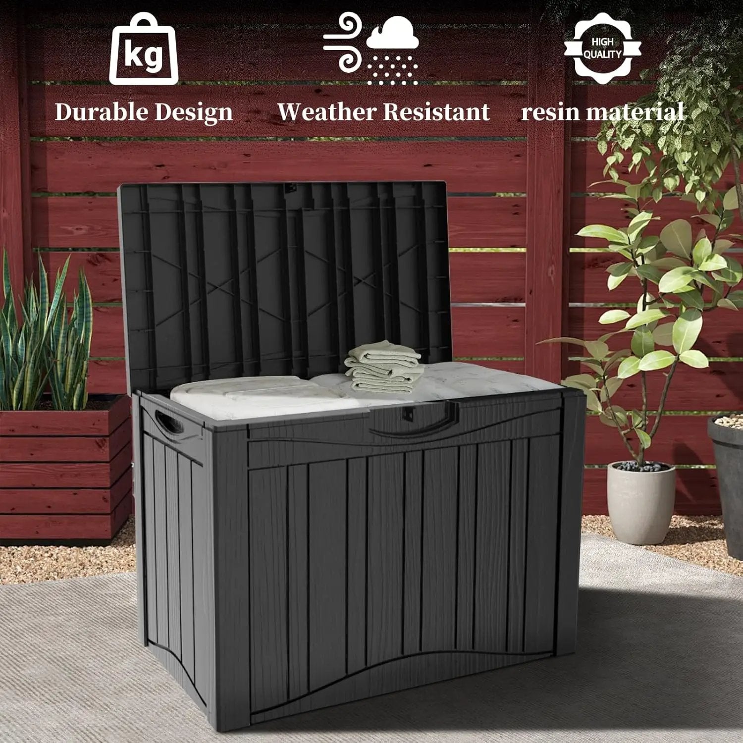 50 Gallon Heavy Duty Outdoor Deck Box with Lockable Lid, All Weather Waterproof Storage for Patio Cushions, Pool Toys, Garden Tools - Rust-Proof Resin Design (Black) by GreenHaven Gardens