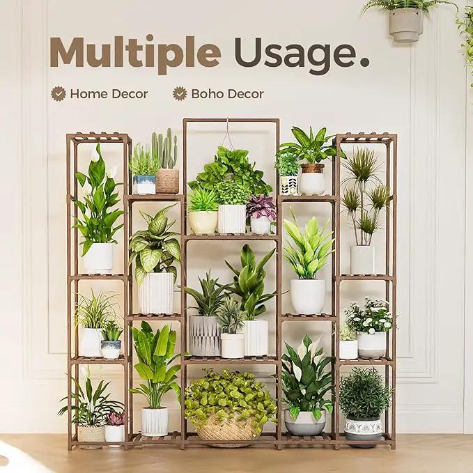 Bamworld Large Plant Shelf Plant Stand Indoor Hanging Tall Outdoor Plant Holder Wood for Multiple Plants Plant Rack for Living Room Garden Balcony Flower 17 Pots Wide by GreenHaven Gardens