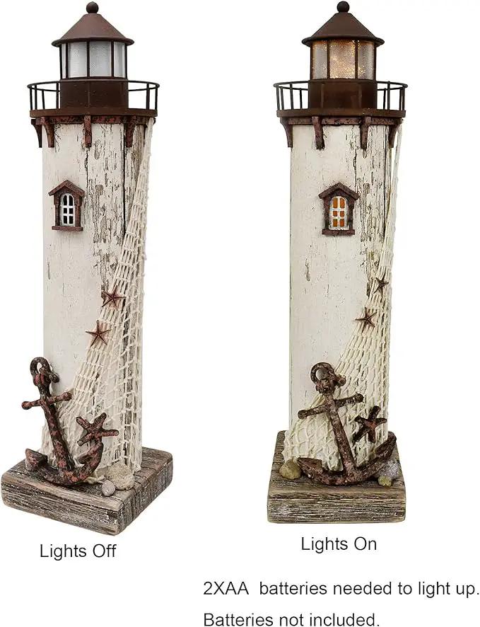 Wooden Lighthouse Decor with Light, Decorative Nautical Lighthouse Nightlight Rustic Ocean Sea Beach Themed Lighthouse Decoration by GreenHaven Gardens