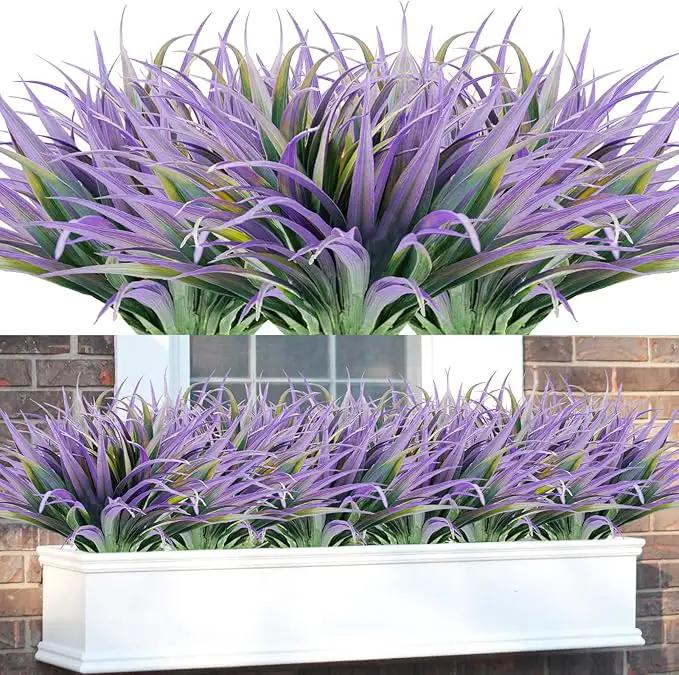 16Pcs Artificial Grass Fake Plants 17.3in Outdoor Plants UV Resistant Faux Greenery Stems Fake Grass for Home Window Garden Office Patio Pathway Front Porch Halloween Décor Green & Purple by GreenHaven Gardens