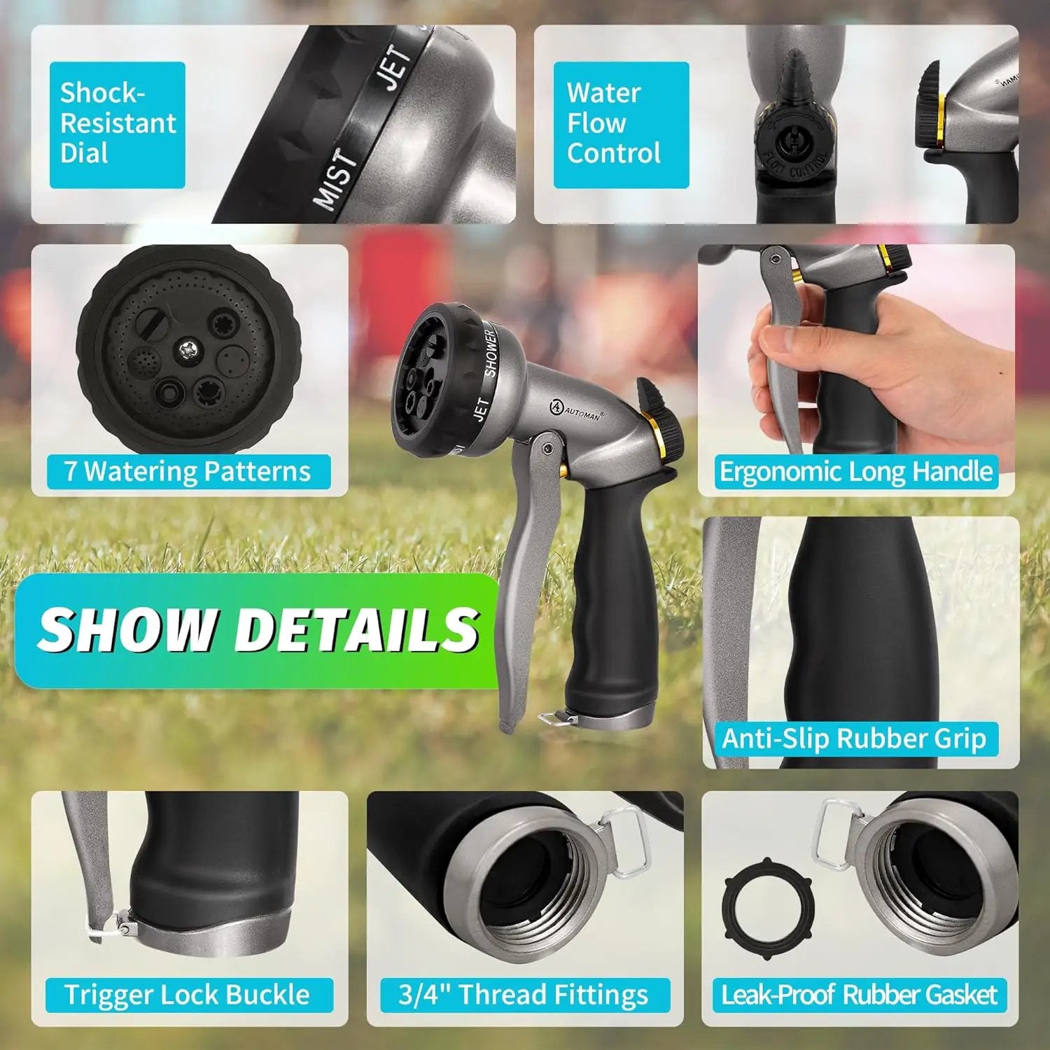 AUTOMAN Garden Hose Nozzle - 2 Pack, 100% Metal High Pressure Spray Nozzle, Labor-Saving Design, Heavy Duty for Garden Watering, Car Washing, Window Cleaning, Pets Bathing by GreenHaven Gardens