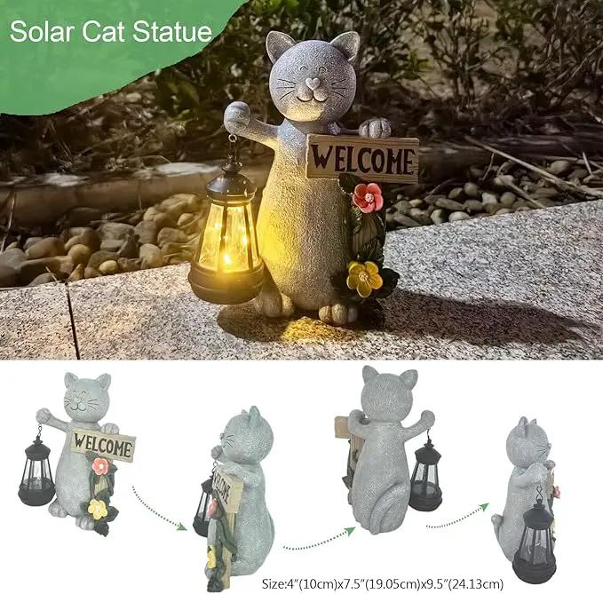 Solar Cat Statue with Solar Lantern-Outdoor Garden Décor, LED Lighted Kitty Figurine for Patio, Lawn,Yard-Valentine's Day, Birthday Gifts for Mom,Grandma,Cat Lovers by GreenHaven Gardens