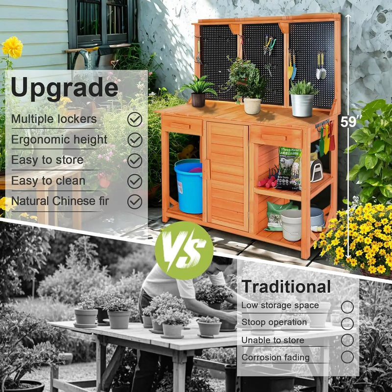 Outdoor Garden Potting Bench, Horticultural Wooden Workstation Table with Storage Drawer, Cabinet, Metal Pegboard, Adjustable Hooks and Shelves for Backyard, Patio, Greenhouse by GreenHaven Gardens