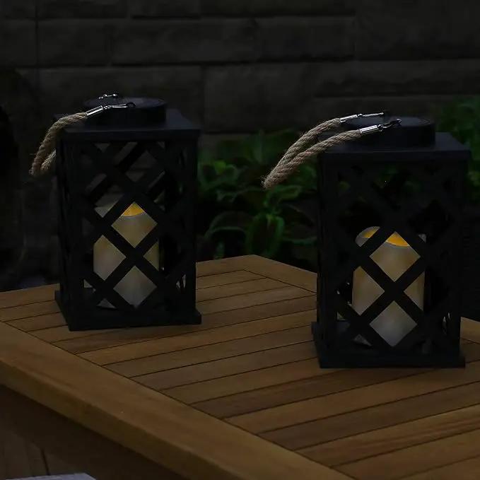 Sunnydaze Modern Crosshatch 9-Inch Solar LED Decorative Candle Lantern - Tabletop/Hanging Light - Set of 2 - Black by GreenHaven Gardens