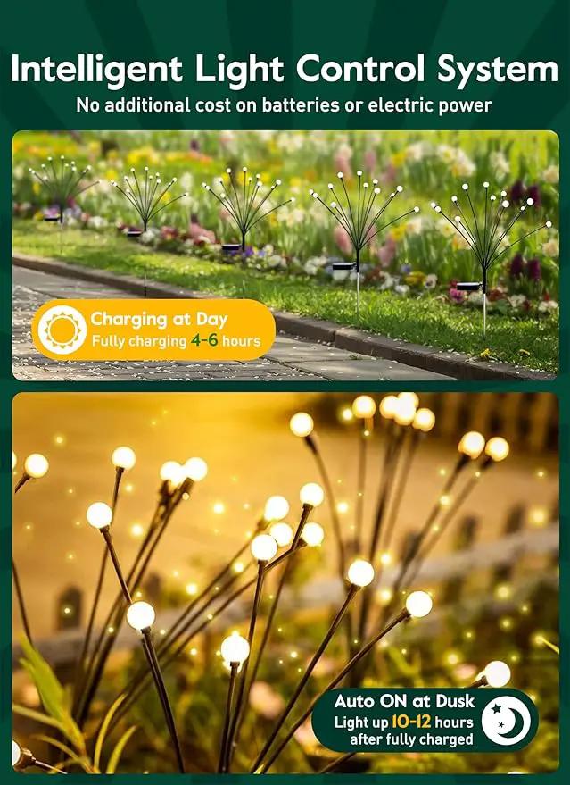 Solar Garden Lights - 4 Pack 48 LED Firefly Lights with 2 Lighting Modes, Sway by Wind, Waterproof Outdoor Decoration, Warm White by GreenHaven Gardens