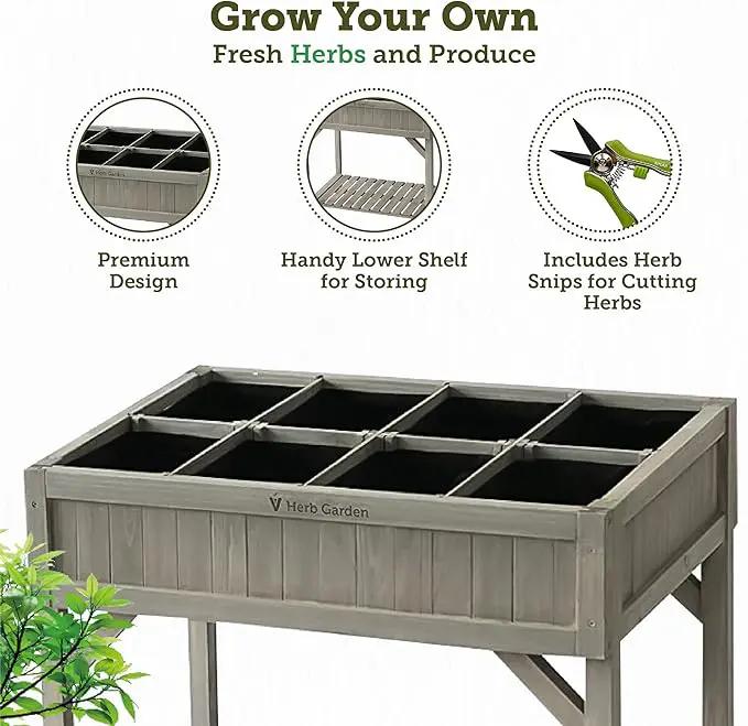 VegTrug 8 Pocket Herb Garden, Wooden Herb Planter with Herb Snips, Gray Wash by GreenHaven Gardens