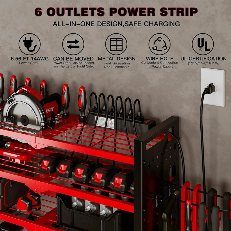 Power Tool Organizer Wall Mount with Charging Station 4 Layer 6 Slot Cordless Drill Holder with Angle Grinder Holder (Red) by GreenHaven Gardens